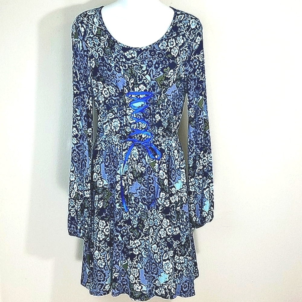 Dress floral print blue long sleeve ribbon lace-up waist stretch midi Medium